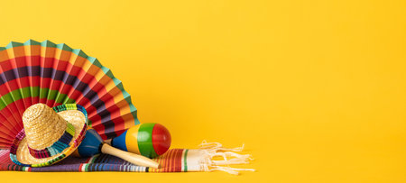 Bright sombrero, fan, and maraca forming a festive arrangement against a yellow background, symbolizing Mexican celebration and traditionの写真素材