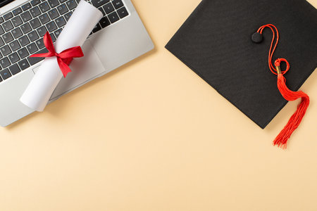 Graduation items, including a cap with a tassel, diploma, and a laptop, arrangedの写真素材