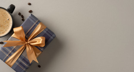 A plaid-patterned gift wrapped in luxurious ribbon accompanied by coffee and beans against a neutral backgroundの写真素材