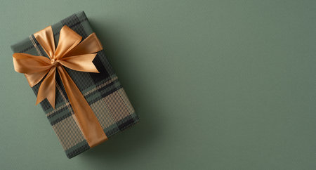 Decorative gift box wrapped in striped paper and tied with a golden ribbon, presented on a green background, perfect for celebrating events like Christmas, birthdays, or Father's Dayの写真素材