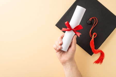 Close-up of a diploma held by a hand, with a graduation cap and tassel nearbyの写真素材