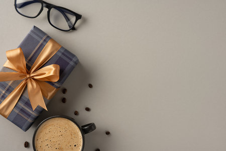 A beautifully wrapped gift with a satin ribbon, coffee mug, and eyeglasses on a minimal neutral background. Perfect image for occasions, gifting inspirations, or warm heartfelt celebrationsの写真素材