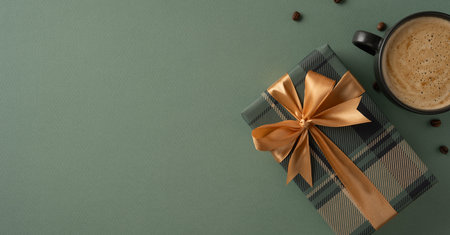 Flat lay composition of a gift box tied with a gold ribbon and a cup of coffee on a green surface, creating a cozy and festive scene suitable for celebrations or special occasionsの写真素材