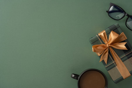 Gift box wrapped in green paper with a golden ribbon beside coffee cup and glassesの写真素材