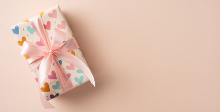 Colorful gift box wrapped with heart-designed paper and adorned with a pink ribbon bowの写真素材