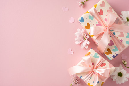 Pink-themed image of gift boxes adorned with ribbons and surrounded by floral accentsの写真素材