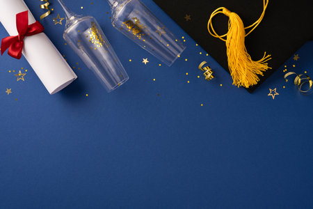 Graduation cap and diploma with celebratory decorations, representing academic achievements and celebrationsの写真素材