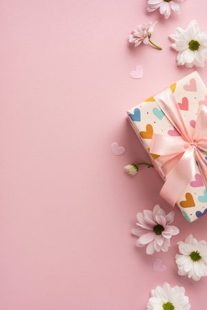 Gift box with heart pattern, pink ribbon, and hearts on a vertical pink backgroundの写真素材