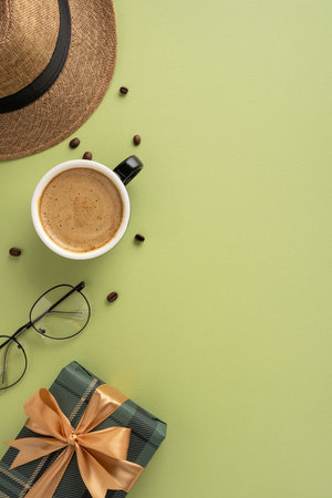 Stylish vertical setting featuring a coffee mug, straw hat, glasses, gift box, and cocoa beansの写真素材