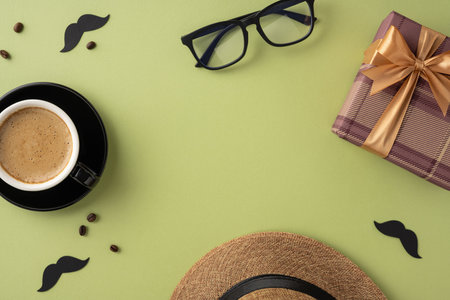 Flat lay composition celebrating Father's Day featuring coffee cup, wrapped gift, straw hat, glasses and decorative elements on olive green backgroundの写真素材