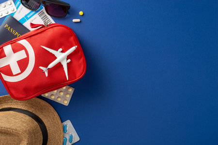 Travel setup including a first aid kit, medications, hat, and documents suggesting holiday preparationの写真素材