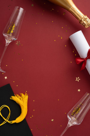 A festive vertical arrangement portraying a graduation celebration featuring a diploma, champagne, and confettiの写真素材