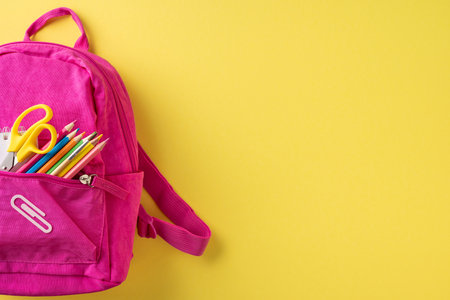 Bright pink school backpack containing colorful supplies displayed against a solid yellow backdrop