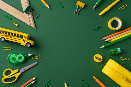 Education-themed table featuring stationery items including pencils, scissors, and a toy bus