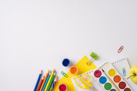 Artistic arrangement of colorful school supplies including pencils, paints, and paper on a white background, conveying a back-to-school theme and creativityの写真素材