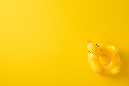 Yellow inflatable duck lifebuoy positioned on a vibrant yellow seamless backdrop highlighting summer...