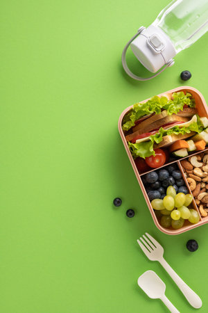 Vertical lunchbox featuring a salad sandwich, fresh fruits, nuts, and water set on a green surfaceの写真素材