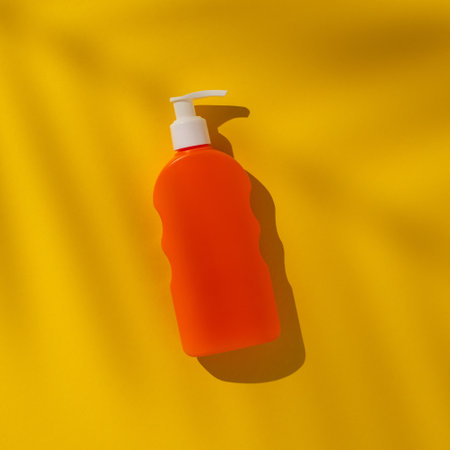 Brightly square colored lotion bottle with a pump dispenser under soft lighting on a yellow backdrop