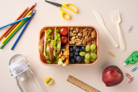 A colorful lunchbox with fresh fruits, vegetables, nuts, and sandwiches alongside school suppliesの写真素材