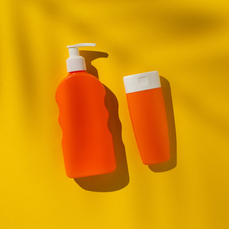 Two square vibrant orange bottles for skincare and sun protection displayed on a yellow surface