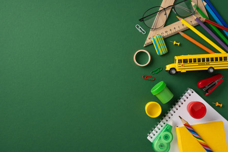 Colorful school supplies including pencils, ruler, and a toy bus organized on a green surfaceの写真素材