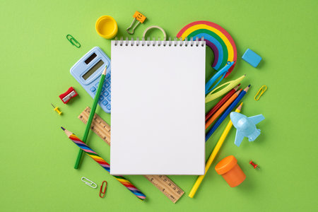 Colorful school supplies including pencils, erasers, calculators, and a blank notepad displayed on...