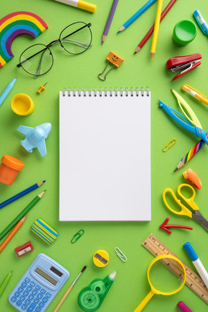 Arrangement of vertical various school supplies and stationery, including notebooks, pencils, and scissors, on a vibrant green backgroundの写真素材