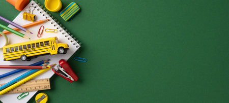 Collection of school supplies and a yellow toy bus on a green background, perfect for back to school and educational themesの写真素材