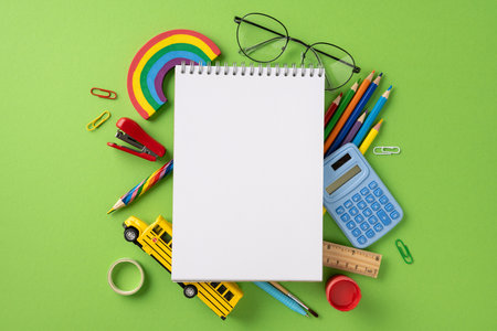 Top view of a blank notebook surrounded by colorful school supplies and stationery on greenの写真素材