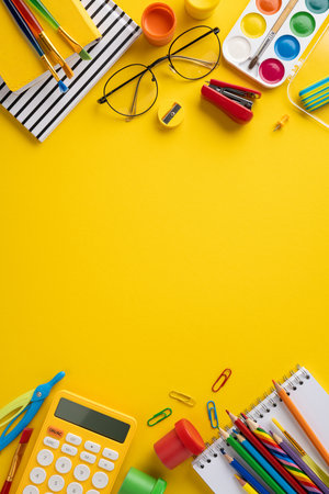 Artistic vertical composition of school essentials including paints, pencils, and stationery on...