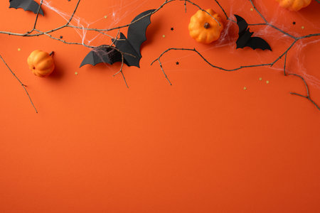 Decorative arrangement featuring pumpkins and bats on orange background symbolizing Halloween festivitiesの写真素材