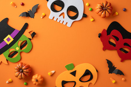 Festive masks alongside pumpkins, candy, and bats arranged artistically on a vibrant surfaceの写真素材