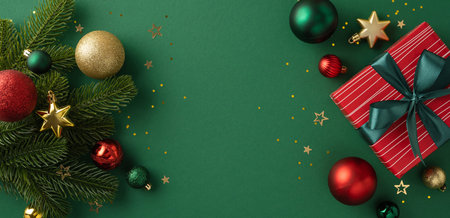Seasonal arrangement showcasing Christmas decorations including baubles, stars, a gift, and greenery over a green background, evoking joy, festivity, and holiday spiritの写真素材