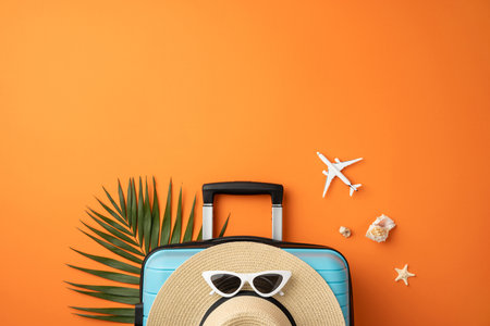 Essential travel accessories include a suitcase, hat, sunglasses, and tropical decorations, perfect for planning beach vacations. Flat lay captures a summer travel conceptの写真素材