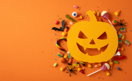 Halloween-themed image featuring a pumpkin cutout with colorful candies and decorations arranged artfullyの写真素材