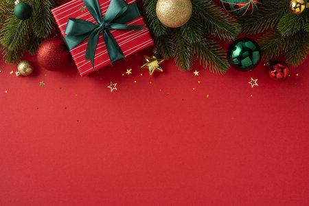 Christmas composition featuring ornaments, wrapped gifts, and festive tree branches against a red backdropの写真素材