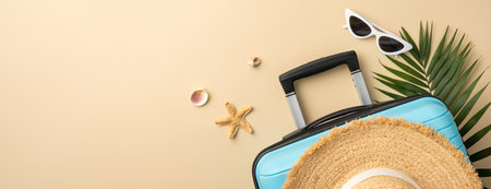 Flat lay of summer travel items including a suitcase, hat, sunglasses, and seashells for a tropical beach vacationの写真素材
