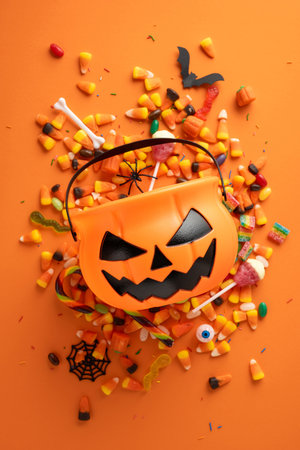 Halloween-themed vertical image featuring an orange pumpkin bucket surrounded by candy and decorations, ideal for seasonal holiday designsの写真素材