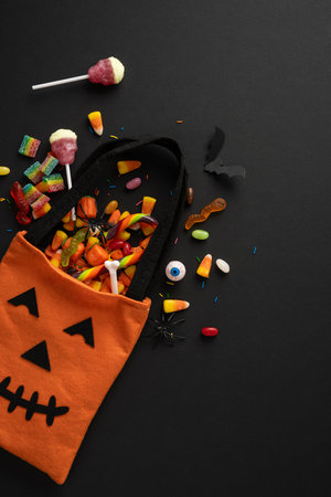 Halloween vertical trick-or-treat bag with assorted candies, lollipops, and decorations lying scattered aroundの写真素材