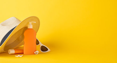 Bright composition featuring a sun hat, sunscreen, and sunglasses on a vibrant yellow surface