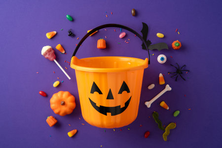 Bright orange pumpkin-shaped bucket filled with Halloween spirit accompanied by assorted candies and festive items, showcasing spooky and joyful seasonal atmosphereの写真素材
