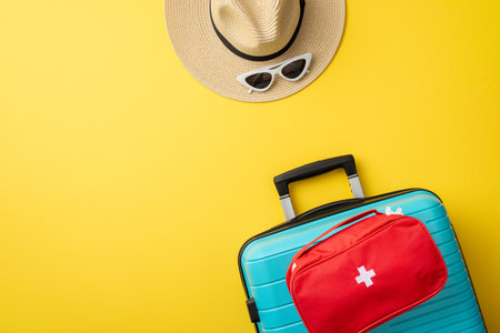 Flat lay image displaying summer travel essentials including a suitcase, hat, and sunglasses on a bright yellow background, evoking wanderlust and preparednessの写真素材