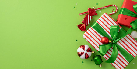 Brightly wrapped Christmas presents adorned with ribbons and holiday decorations against a green backdrop, emphasizing the joyful ambiance of the festive seasonの写真素材