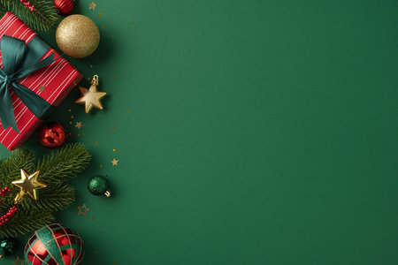 Festive Christmas flatlay featuring wrapped gift, ornaments, and greenery against a green backdropの写真素材