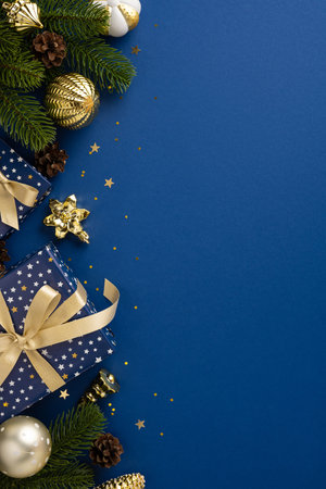 Festive vertical Christmas golden decorations and beautifully wrapped presents over blue background with lush greeneryの写真素材