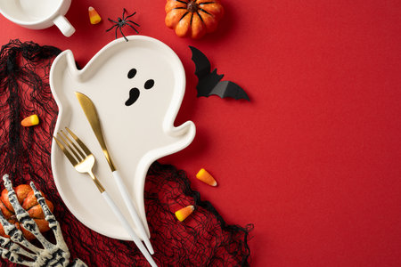 Festive Halloween table decor with a ghost plate, themed accessories, and a spooky red surfaceの写真素材