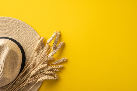 Straw hat and wheat stalks arranged gracefully on bright yellow background evoking summerの写真素材