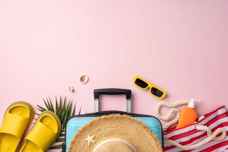 Flat lay travel elements including a suitcase, sunglasses, hat, and sunscreen on a colorful surface, ideal for summer vacation conceptsの写真素材
