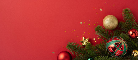 Elegant festive composition featuring colorful Christmas ornaments with evergreen branches on a crimson background, perfect for holiday themes and seasonal celebrationsの写真素材