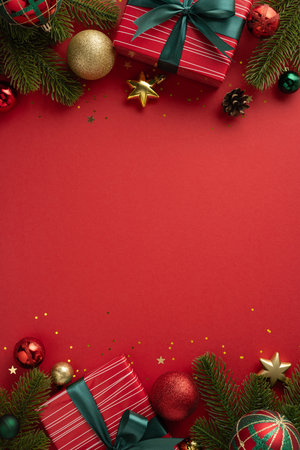 Red vertical background adorned with Christmas gifts, green bows, and festive ornaments like balls and starsの写真素材